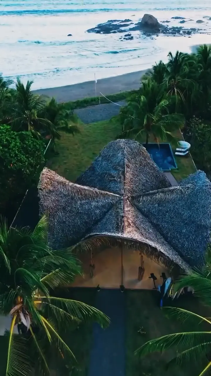 Vista aérea de una construcción con techo de palma entre palmeras, junto a la playa.
