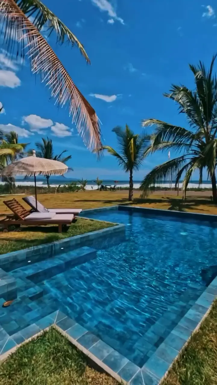 Piscina con camastros y una sombrilla entre palmeras, con la playa al fondo.